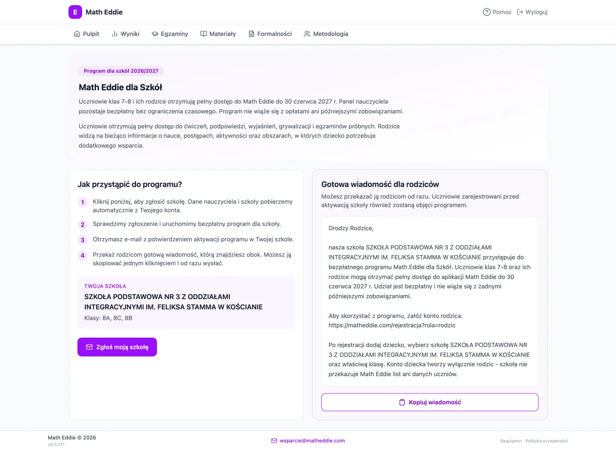 Panel nauczyciela Math Eddie — gotowa wiadomość dla rodziców o programie dla szkół