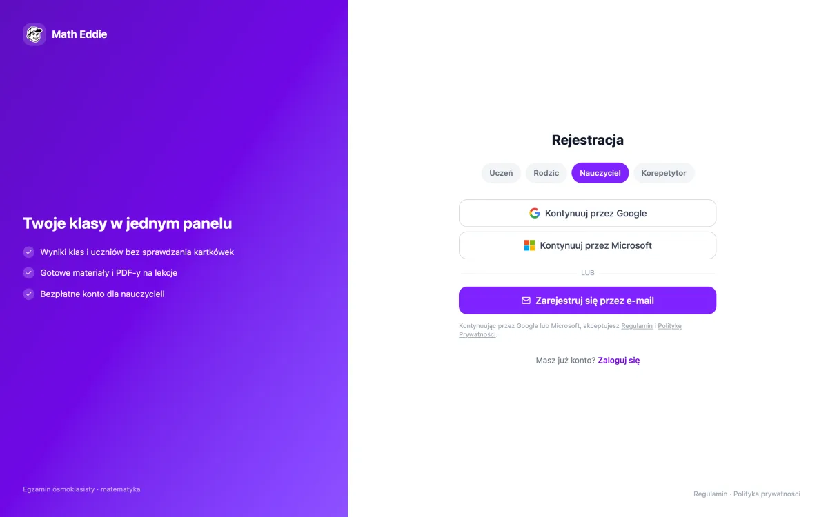 Ekran rejestracji nauczyciela Math Eddie — konto przez Google, Microsoft lub e-mail